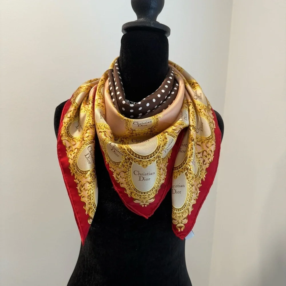 Authentic Christian Dior Brown and Gold Scarf with Red Trim